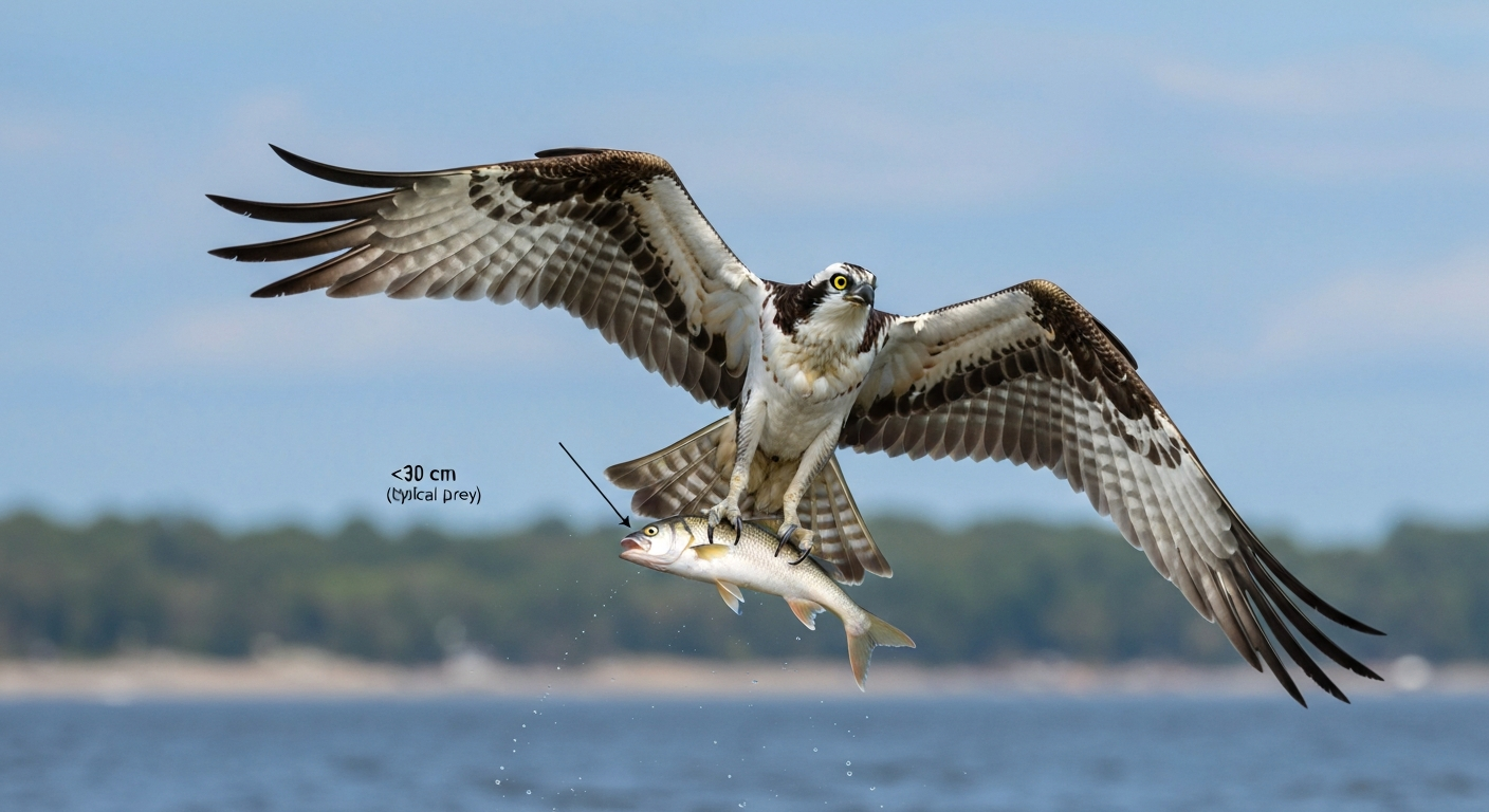 Osprey in flight carrying a mid-sized fish head-first, wings outstretched, with a small scale label.