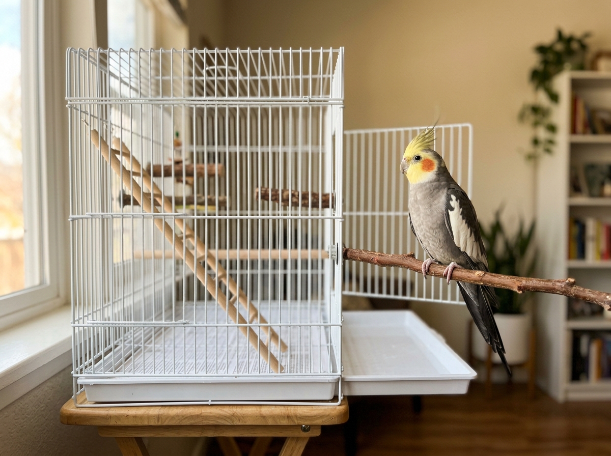 Bird perched near clean cage showing faint natural scent from healthy feathers