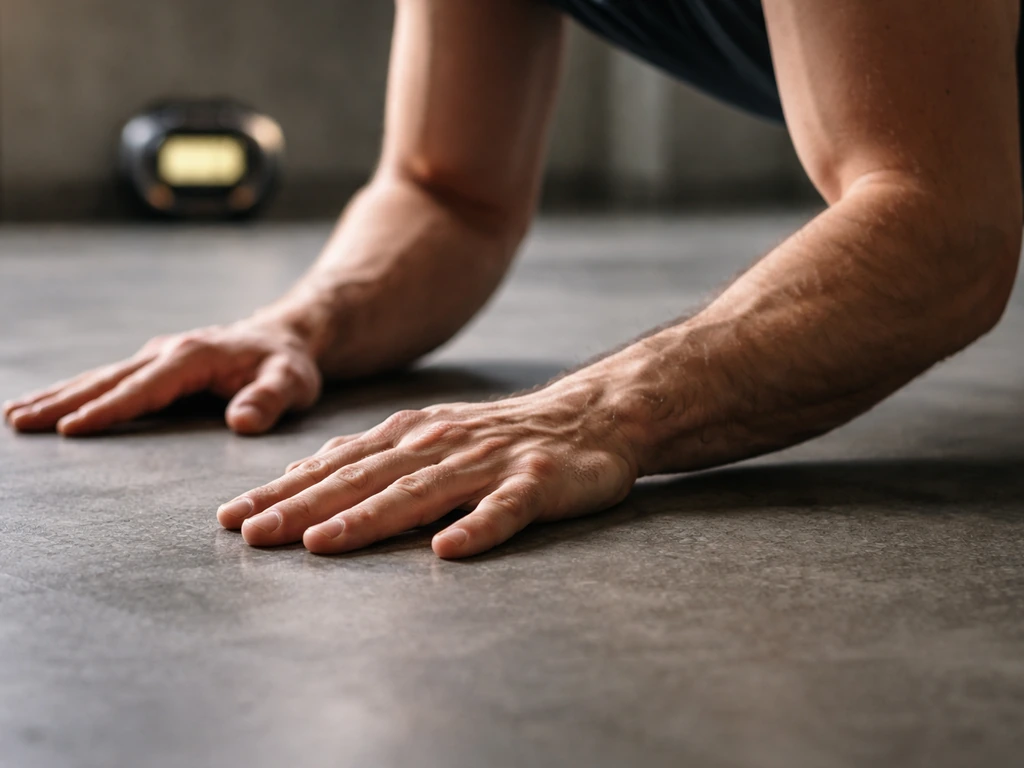 Hands bracing in a plank position with a close-up stopwatch showing a hold-time countdown overlay.
