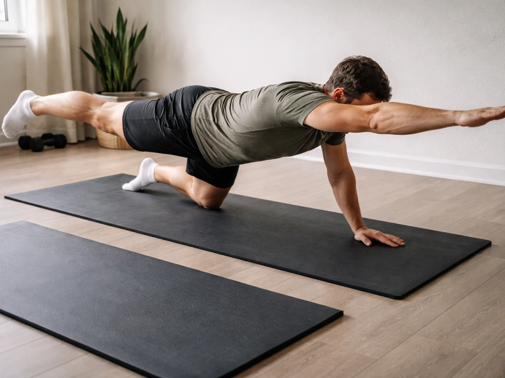 Fitness progression scene: kettlebell deadlift variation setup on a mat, hips aligned, minimal gym backdrop.