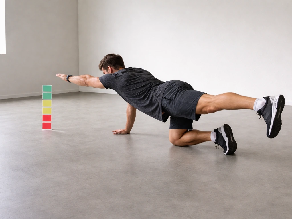 Person holding a bird dog endurance position on the floor with a simple ladder-style rep guide nearby.