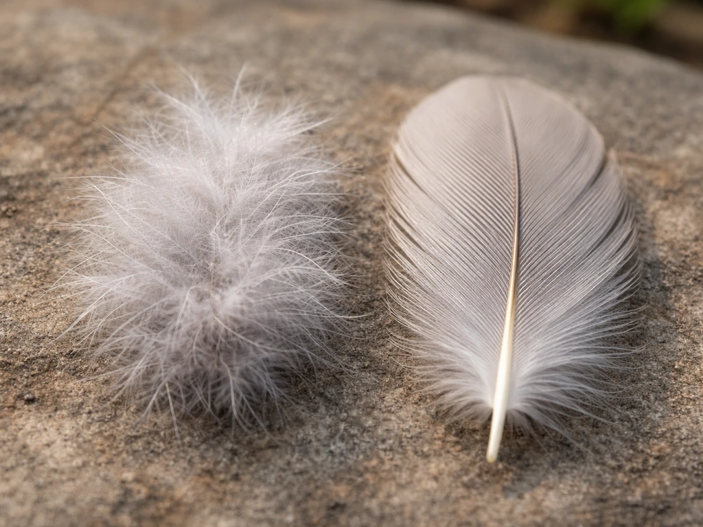 Close-up of two anonymous birds’ feather textures: down vs first pennaceous juvenile plumage