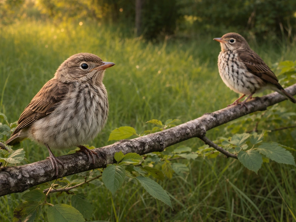 Juvenile bird with streaky, spotted worn plumage perched on a branch in a natural field setting