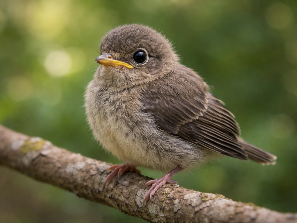 Close-up of a fledgling bird with big eyes and slightly large head, wings looking oversized for its body