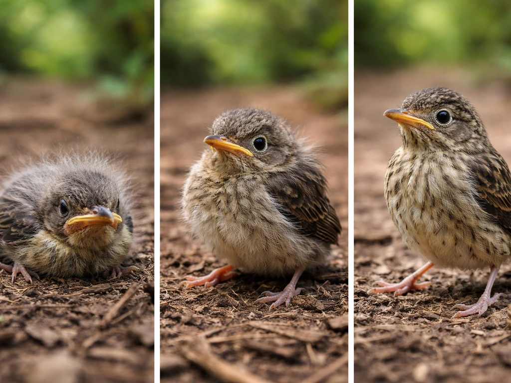 Side-by-side birds showing nestling down/closed eyes, fledgling fully feathered young, and older juvenile plumage.