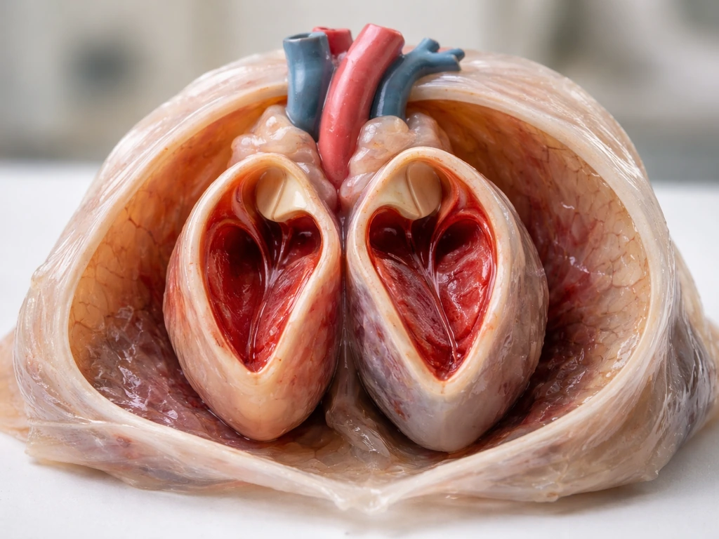 Close-up cross-section showing two side-by-side heart pumps inside a fibrous pericardium sac.