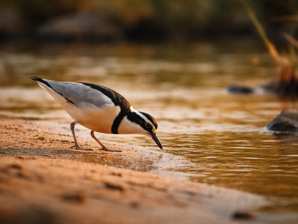 Egyptian plover on a sandy riverbank near shallow water, pecking as if foraging for parasites.