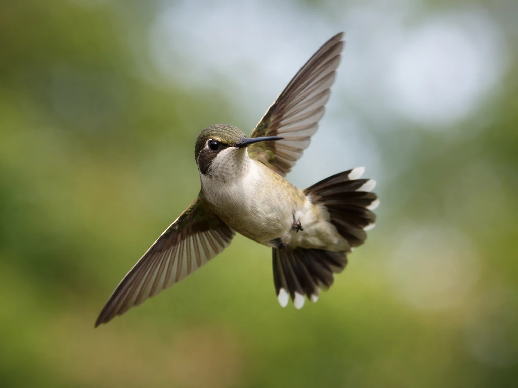 Small hummingbird hovering mid-turn with wings asymmetrically extended against a soft sky background