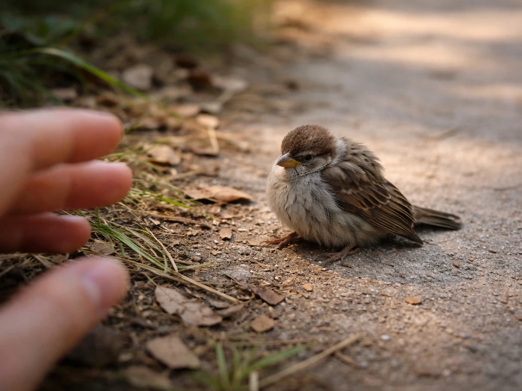 Small bird on the ground with fluffed feathers and abnormal posture, suggesting possible injury and need for interventio