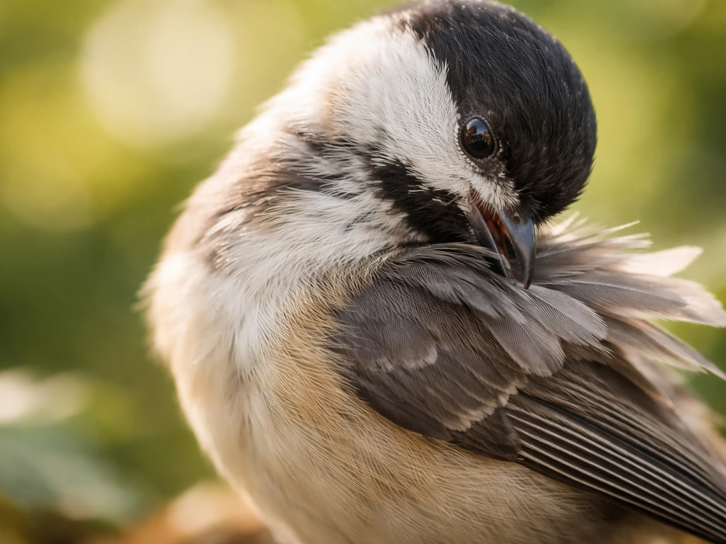Close-up of a bird preening, using its beak to nibble and stroke feathers into alignment.