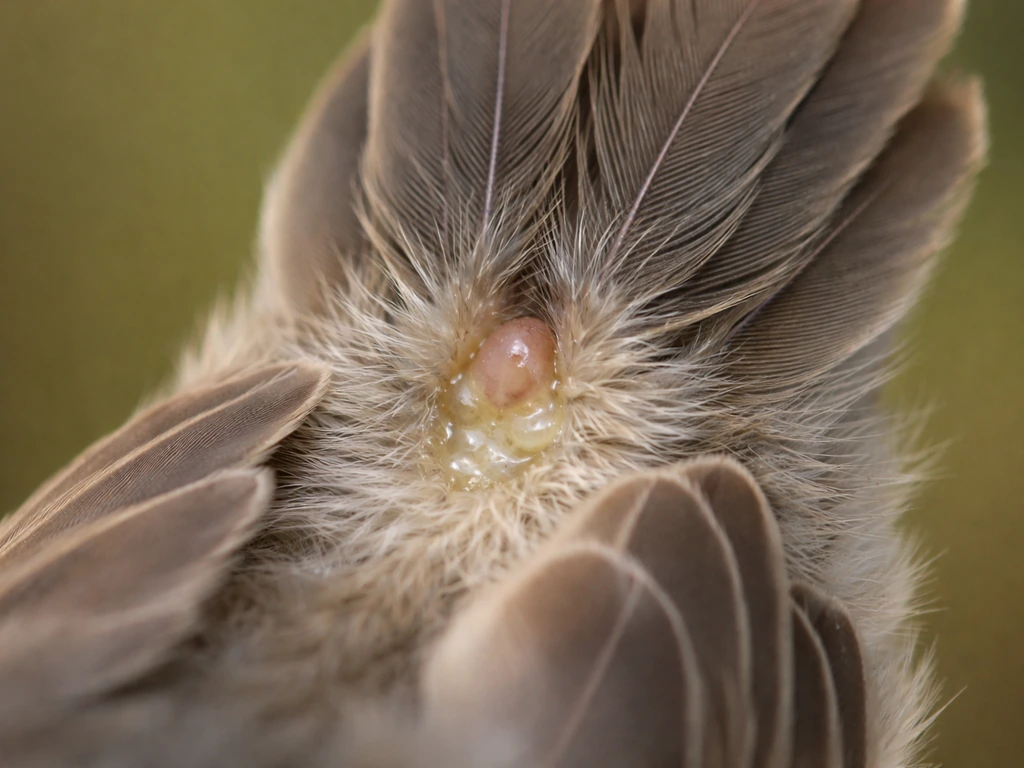 Close-up of a bird’s upper tail preen gland area with oil spreading onto nearby feathers.