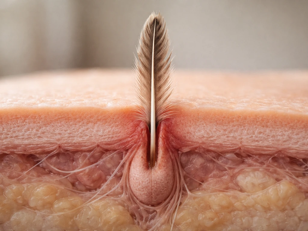 Close-up cross-section style view of a feather follicle embedded in skin tissue