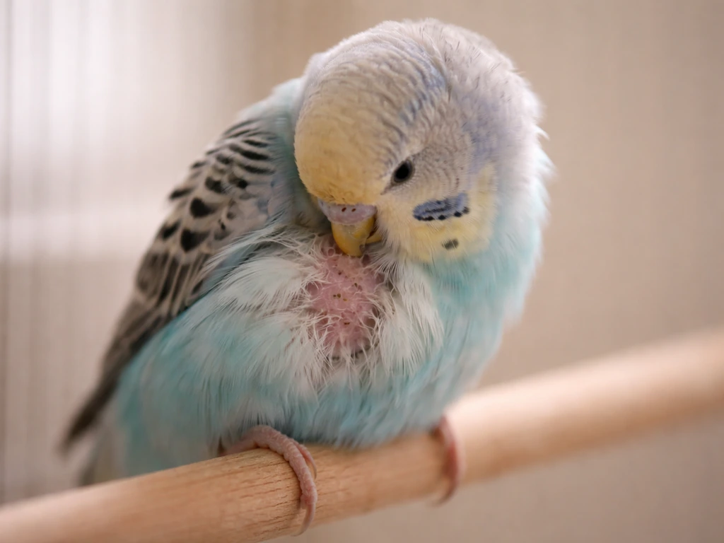 Close-up of a small pet bird with a frayed feather edge and a visible bald patch, preening the same spot.