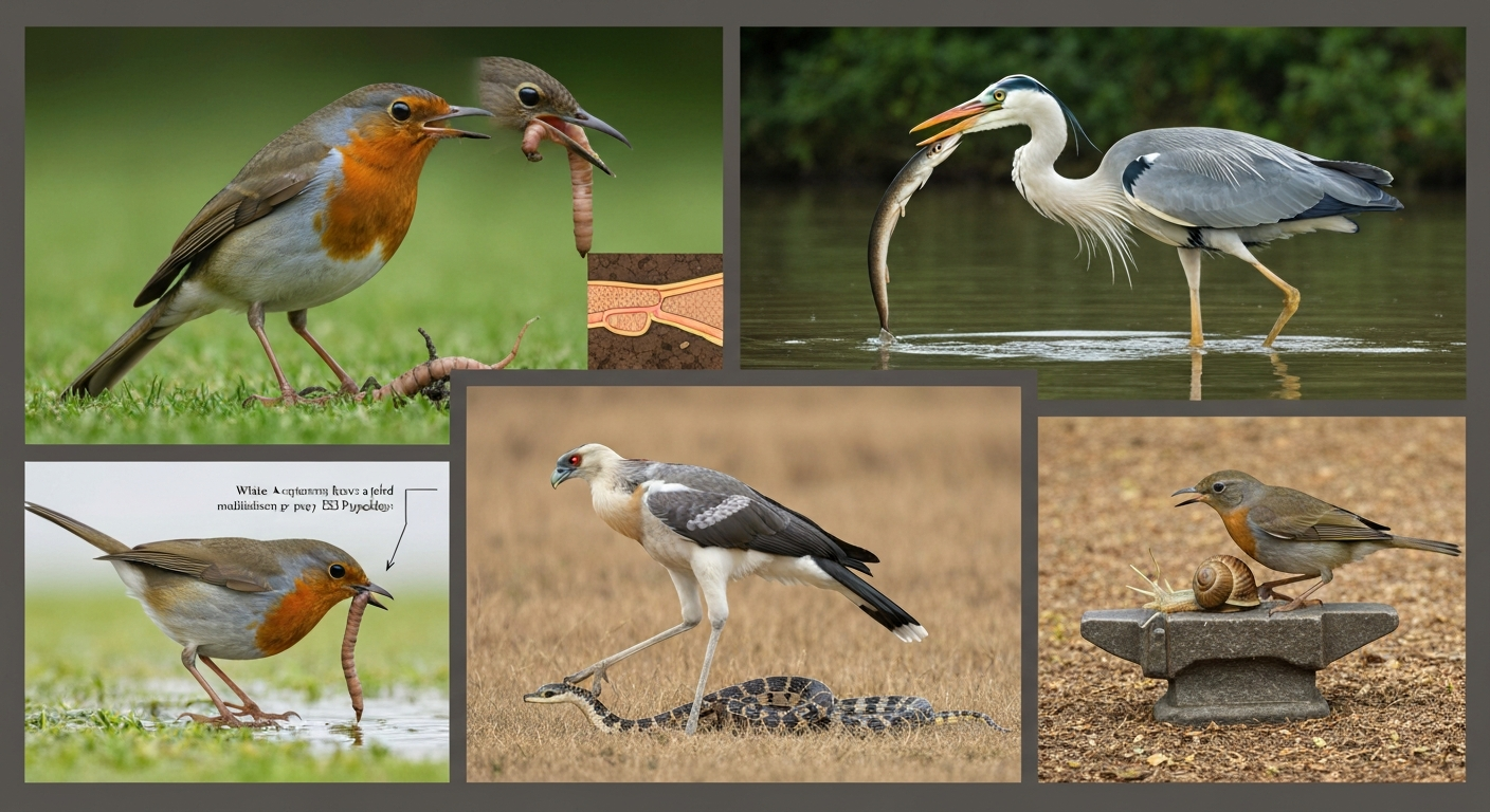 Educational composite illustration: robin pulling earthworm, thrush breaking snail on stone anvil, secretarybird stomping a snake, heron striking an eel, plus inset showing bill-tip sensory organ.