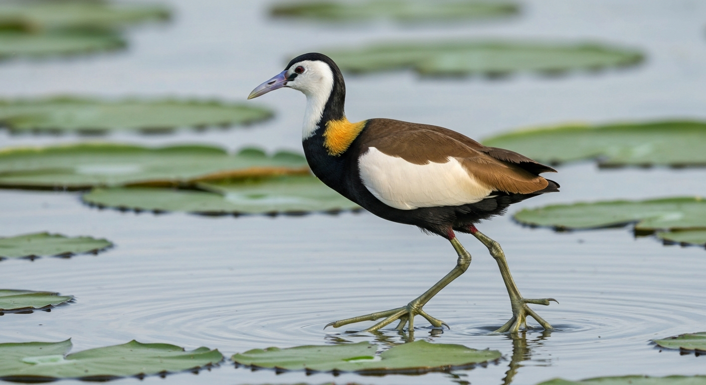 Photorealistic illustration of a jacana standing on a lily pad, side view showing both legs and long splayed toes clearly; wetland background.