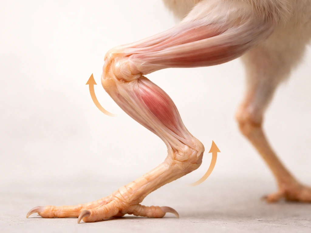 Close-up of a bird leg anatomy with tendons highlighted and small arrows showing bending and extension.