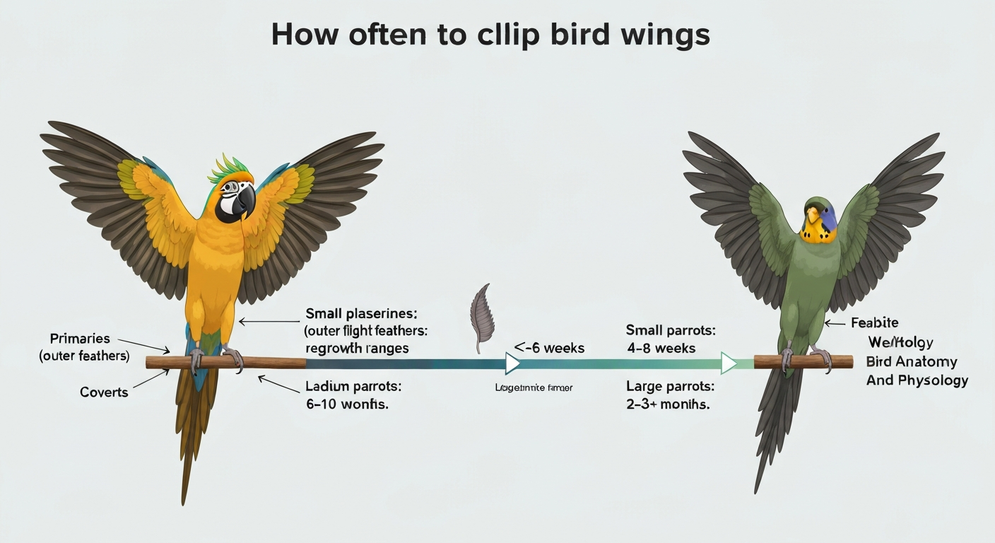 Illustrated hero showing a large parrot and a small passerine with one wing extended, labeled primaries, secondaries, coverts and a pin (blood) feather, plus a timeline overlay of typical feather regrowth intervals.