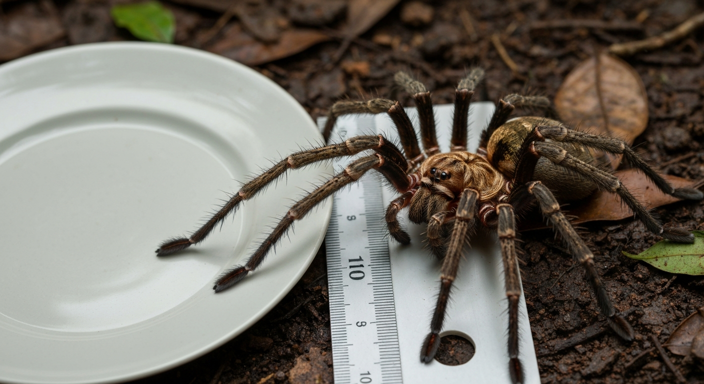 Photorealistic adult Goliath bird-eater on rainforest floor beside a dinner plate and 30 cm ruler showing approximate 28 cm legspan.