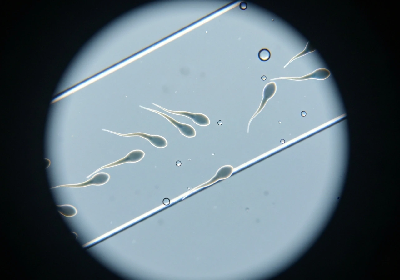 Microscope view of elongated bird sperm cells with visible tails in a fresh wet mount on a slide