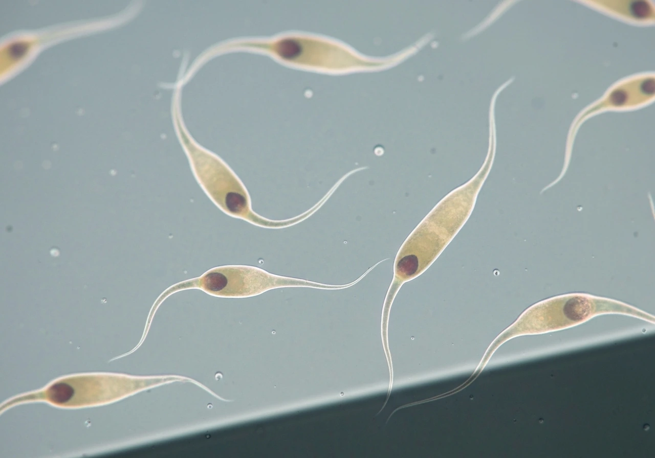Microscope view of multiple elongated bird sperm with visible head, midpiece, and long tails on a wet slide.