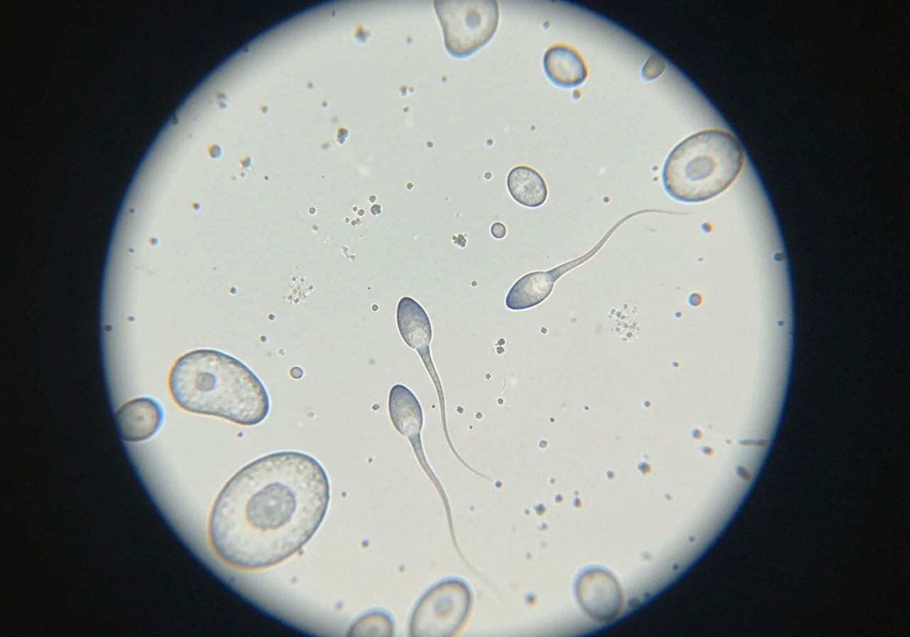 Microscope view of a semen sample with elongated sperm heads and long tails among debris and epithelial cells