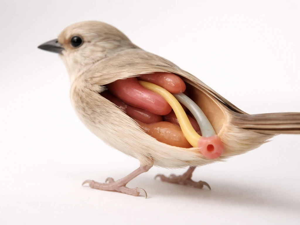 Side view of a small bird anatomical model with internal digestive, urinary, and reproductive pathways converging at the