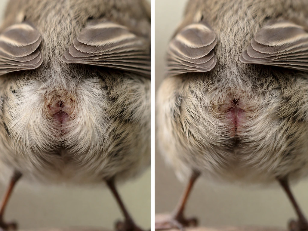 Close-up comparison of bird tail-base vent area swelling in breeding vs non-breeding conditions, two panels.