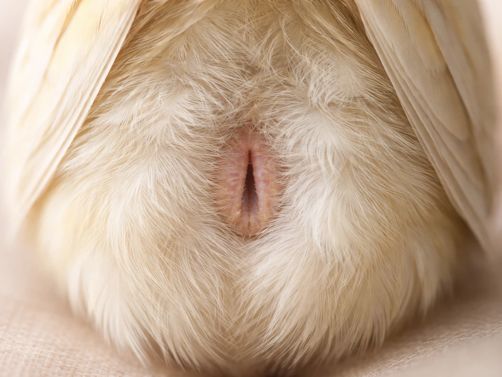 Close-up of a bird’s underside vent area with clean, dry feathers and no crusting or staining.