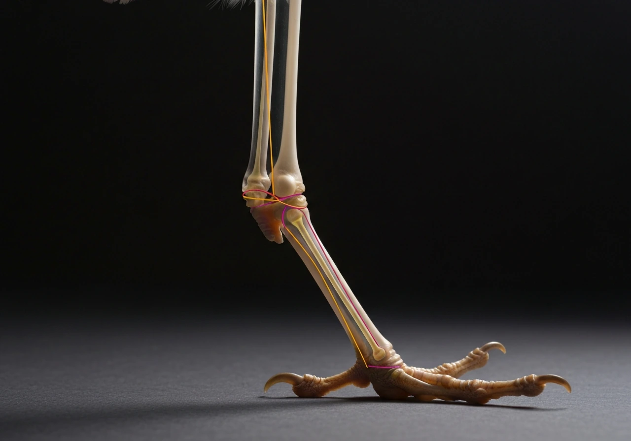 Close-up view of a bird hind leg showing bones, joints, and tendons for walking and perching motion.