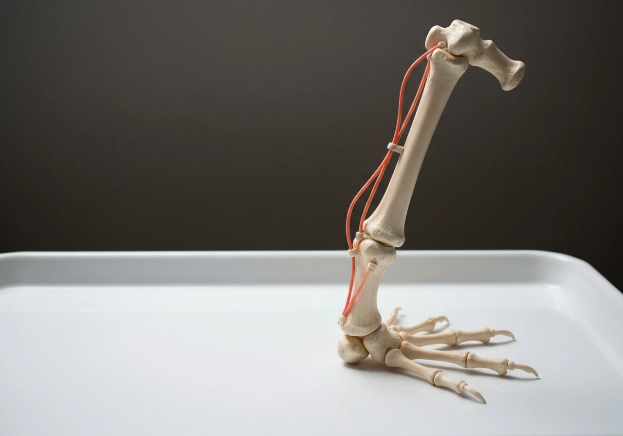Macro side view of a generic bird leg anatomy model showing bones, joints, and tendon alignment.