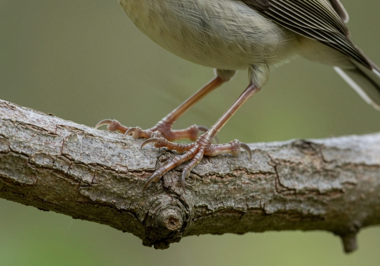 Close-up of a bird’s anisodactyl feet gripping a branch, showing forward toes and backward hallux