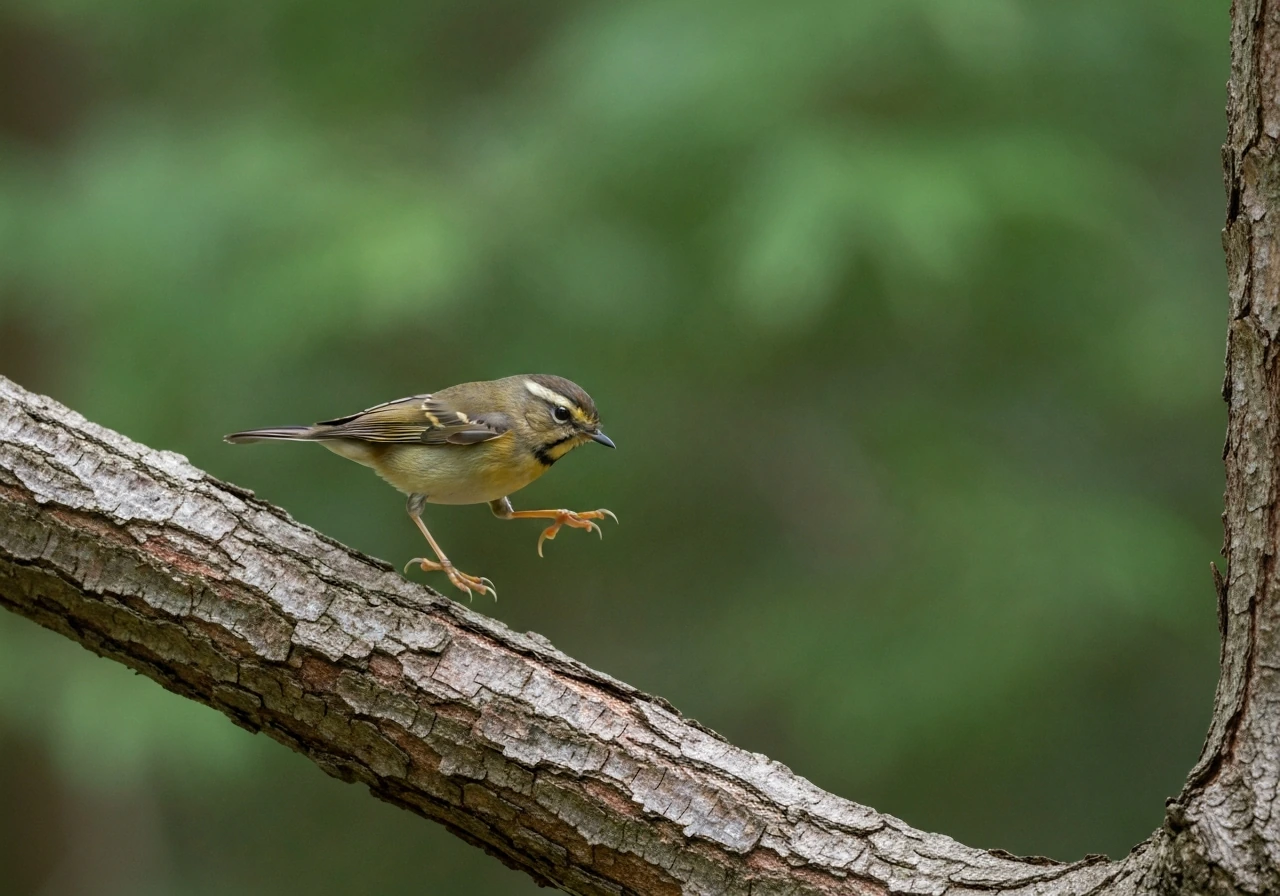 Small perching bird hopping on a rough branch, both feet leaving and landing together.