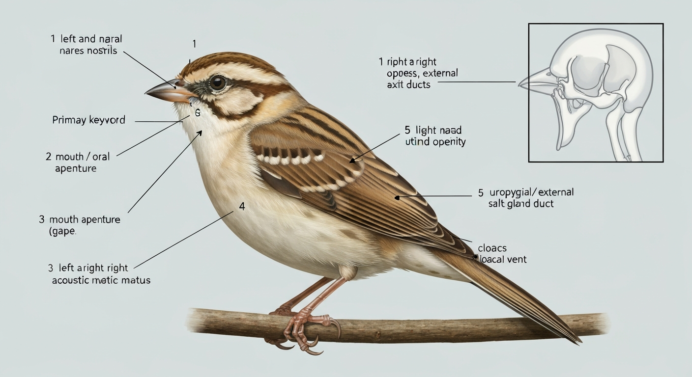 Lateral anatomical diagram of a songbird with numbered callouts showing the two nostrils, mouth, two ear openings, cloacal vent, and preen gland duct; small inset shows skull nasal septum.