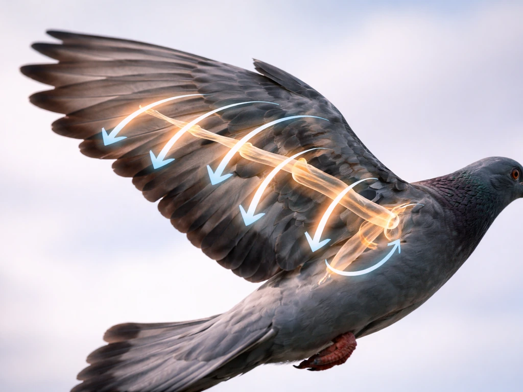 Close-up of a pigeon wing in flight with subtle stress bands showing repeated bone loading along the forewing.