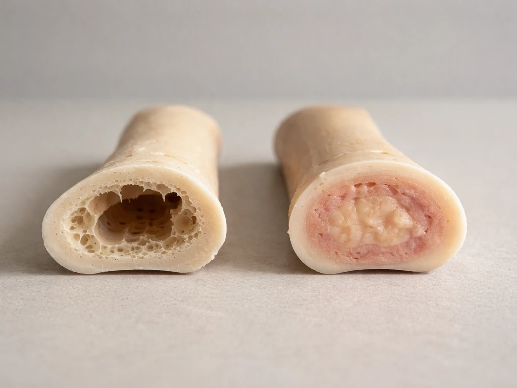 Side-by-side hollow and marrow-filled bird bone segments on a neutral tabletop, photographed naturally.