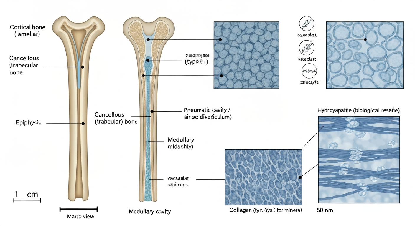 Cutaway scientific illustration of a bird long bone showing thin cortical walls, internal trabeculae, pneumatic cavities connected to air sacs, medullary bone in the marrow cavity, and insets of lamellar histology and collagen–hydroxyapatite nanoscale structure.