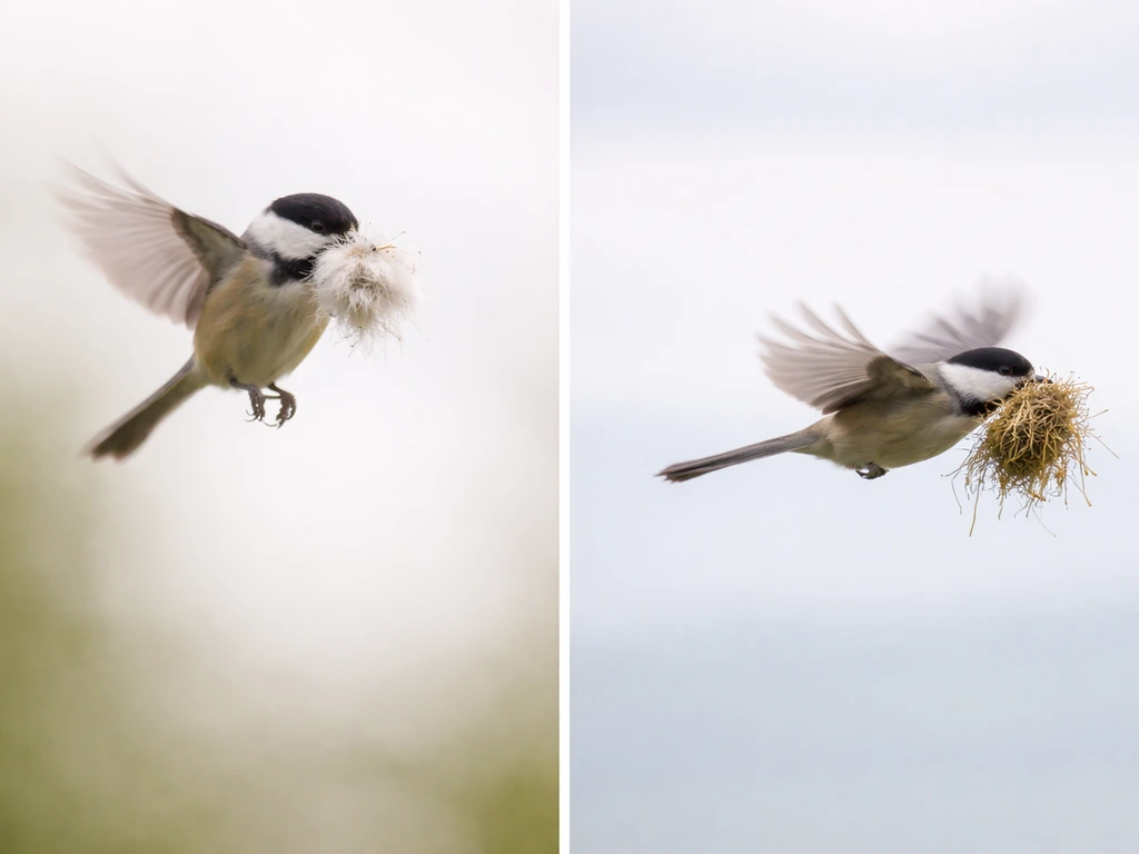 Two-panel view: a small bird burst-lifting a light item then flying steadily while carrying a heavier load.
