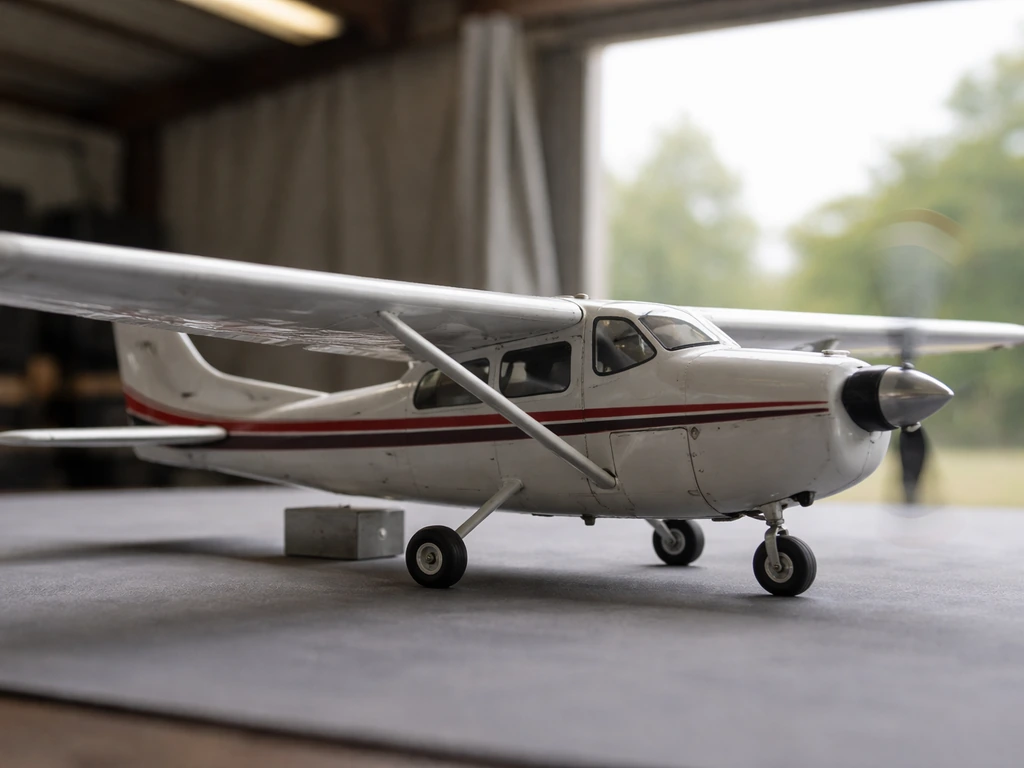 Minimal close-up of a small aircraft model on a table with visible propeller and wing, showing flight tradeoff mood.