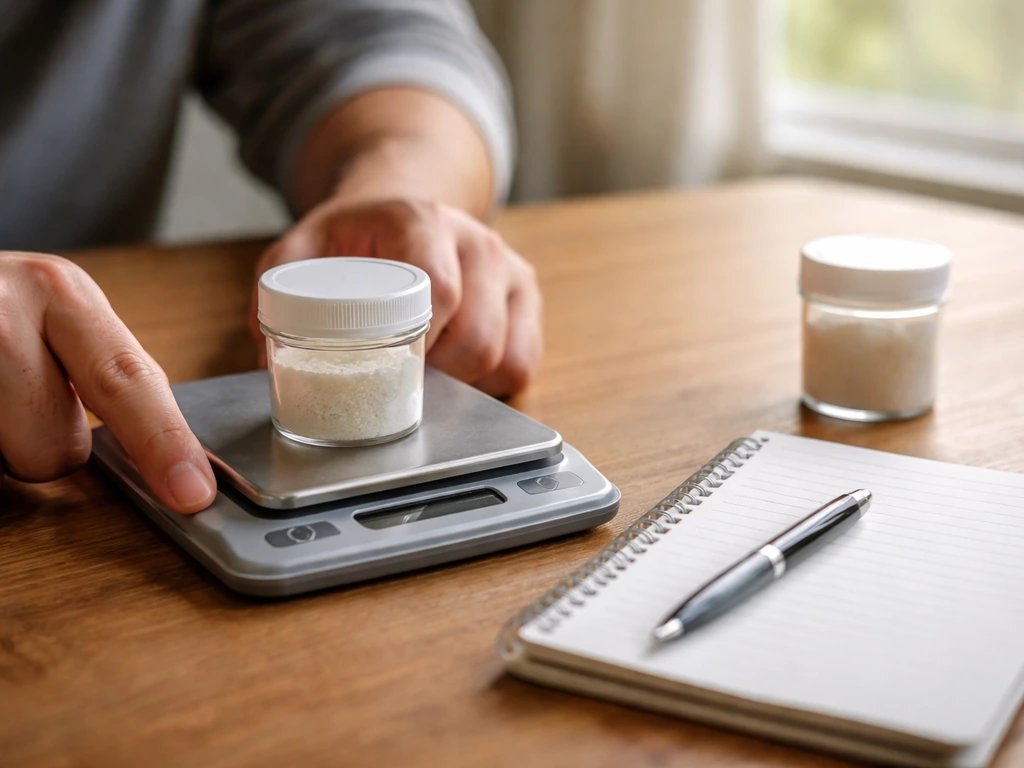 Person’s hands weighing a small container beside a notebook, suggesting estimating a safe payload range