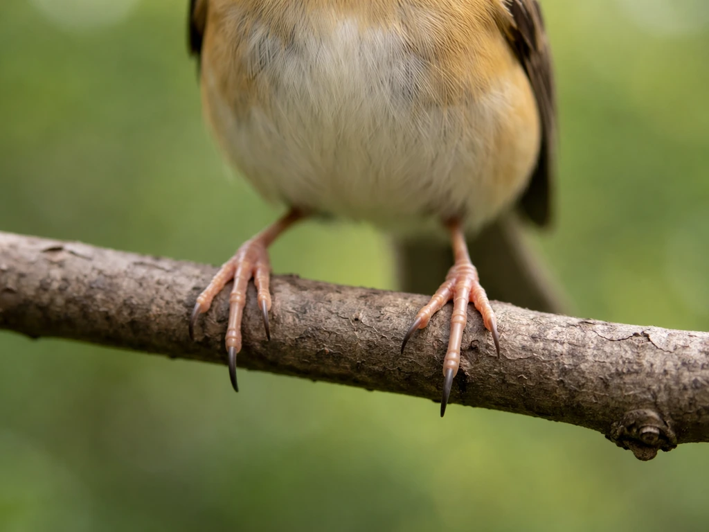 Close-up of a perched bird showing two feet with toes and claws gripping a branch.