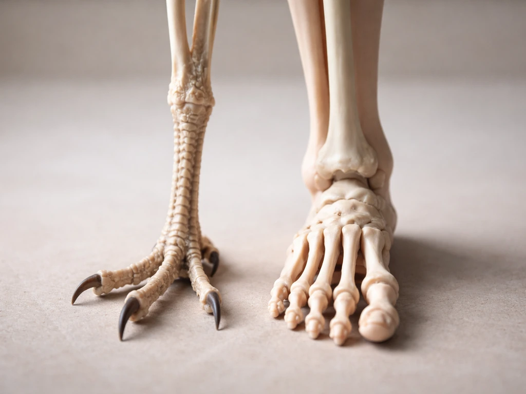 Side-by-side photo showing a bird’s tarsometatarsus next to a human lower leg for comparison.
