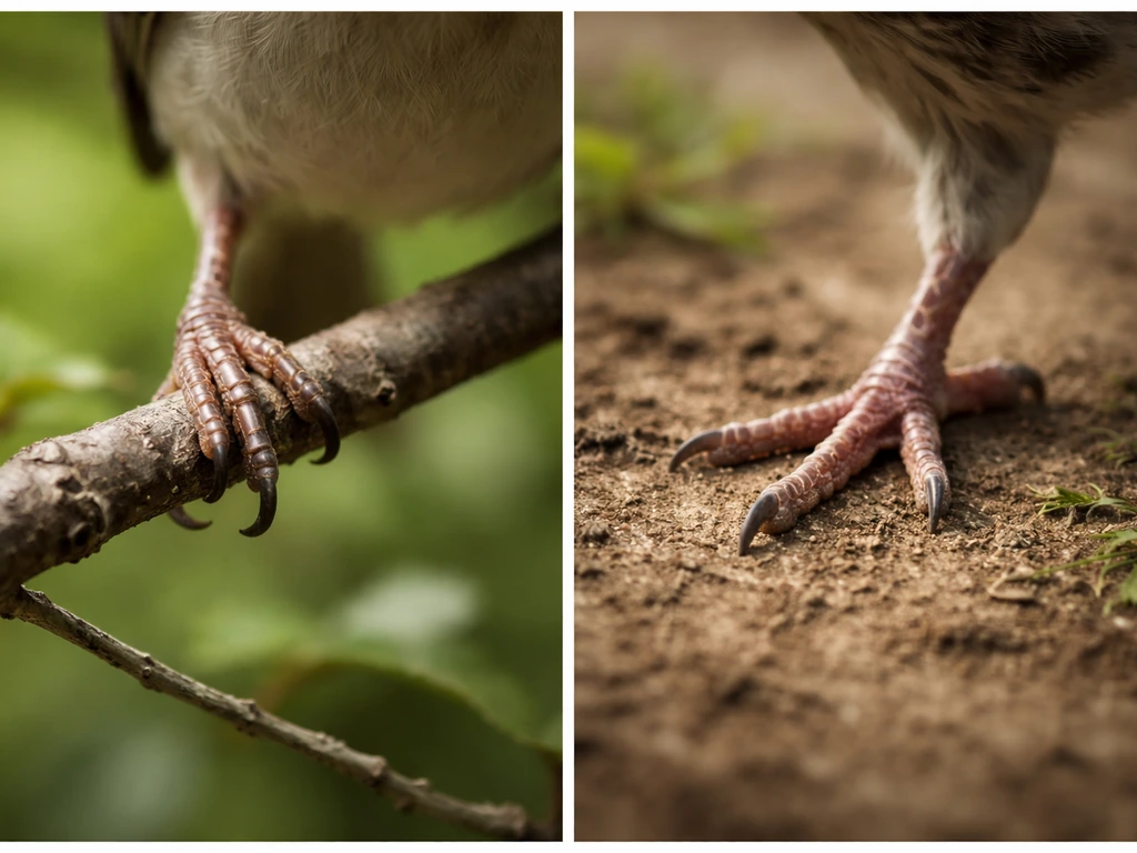 Side-by-side close-ups of a perching bird foot gripping a twig and a ground foot stepping on soil.