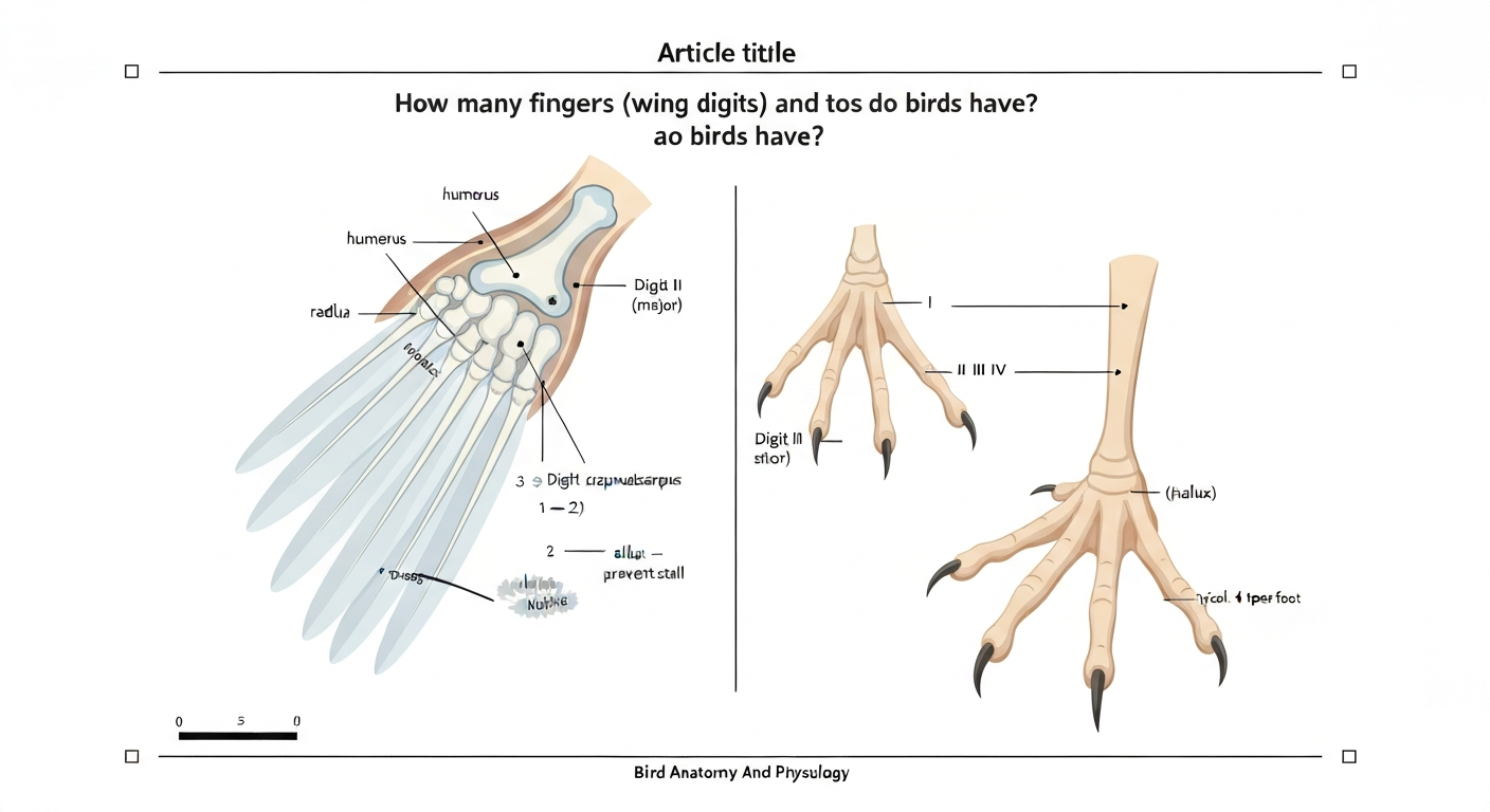 Educational anatomical diagram: a cutaway bird wing showing three reduced wing digits (Digit I alular, Digit II major, Digit III minor) and labeled bones including carpometacarpus; beside it, a diagram of a bird foot with four toes (hallux and three forward toes).