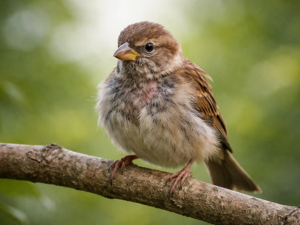 Small bird in natural light showing patchy feather loss and fluffed posture on a simple branch