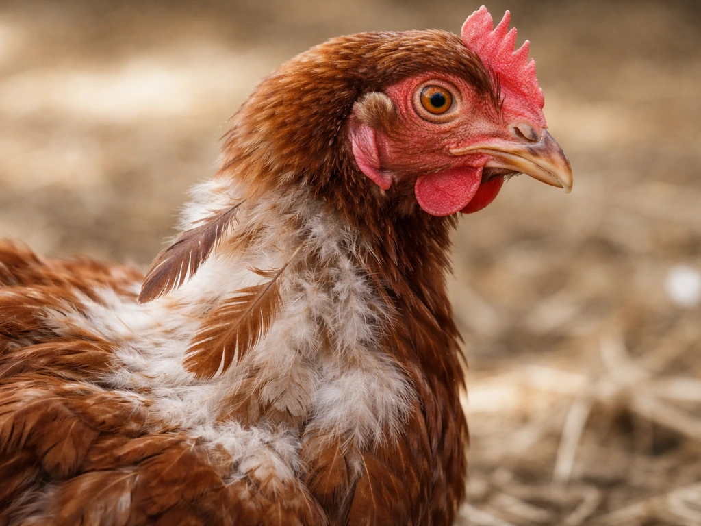 Close-up of a hen’s head and neck with visible feather gaps and a few old feathers dropping.