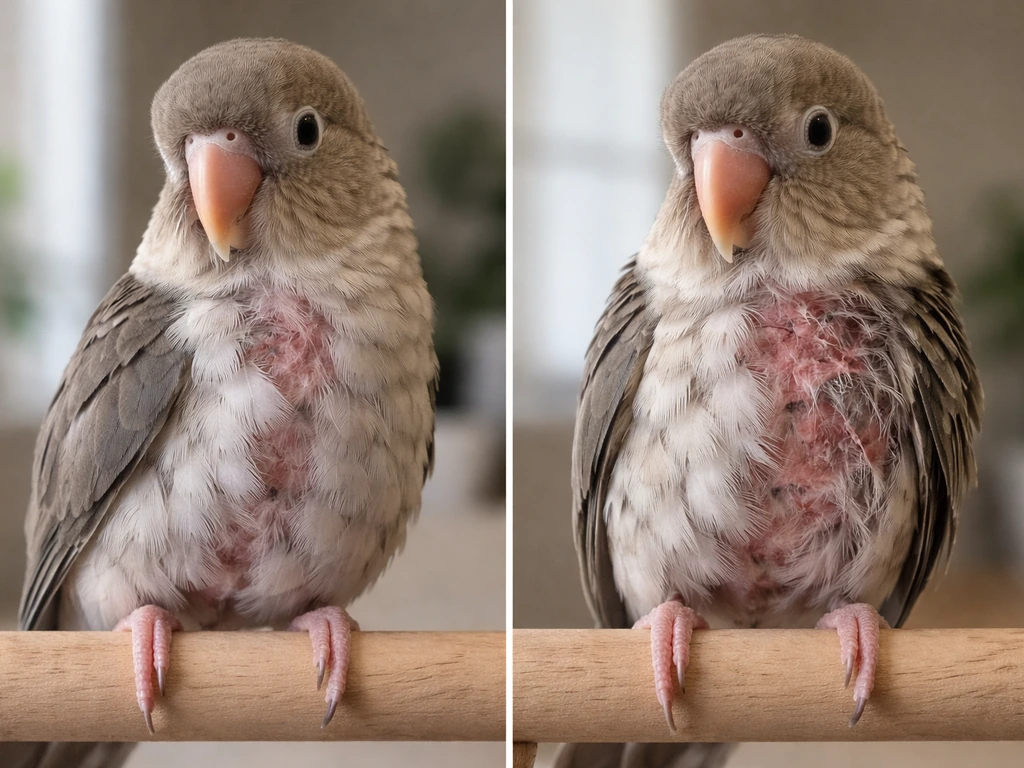 Close-up of a pet bird’s feather condition showing neat molting vs rough, irritated patchy areas
