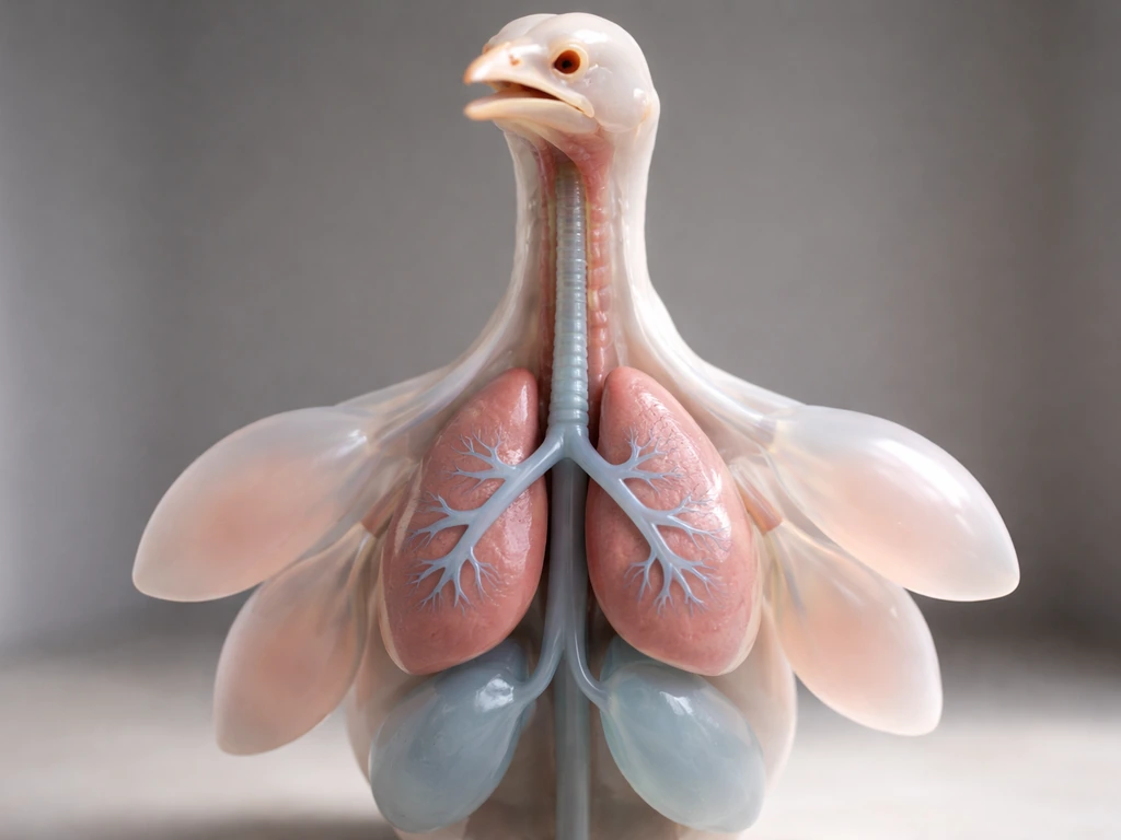 Minimal close-up of a stylized bird respiratory tract diagram-like model with trachea, lungs, and air sacs