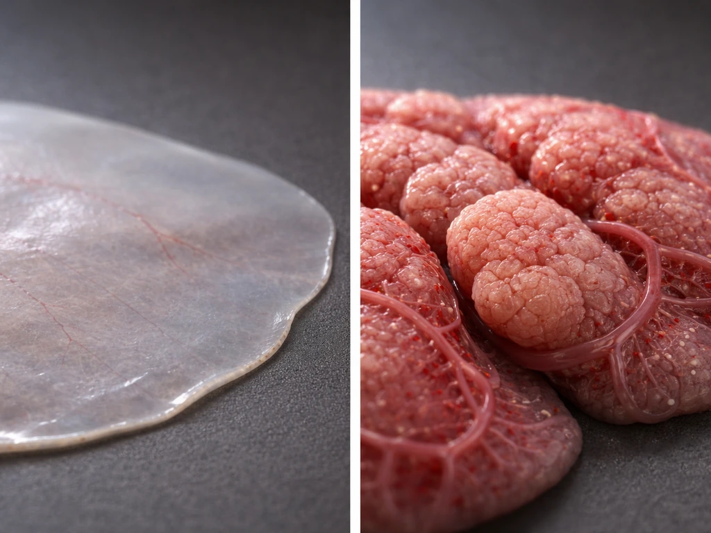 Minimal close-up of thin air sac membrane beside lung-like gas-exchange tissue in soft, realistic photo style.