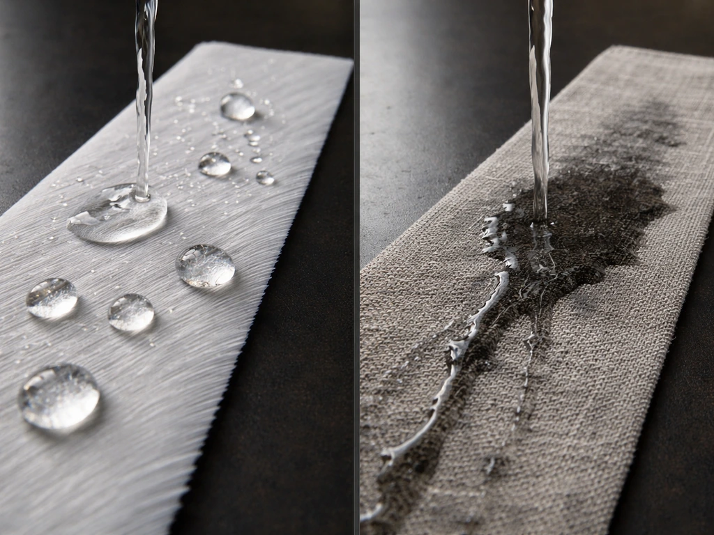 Water droplets bead on a water-resistant feather-like surface while leaking into non-resistant fabric.