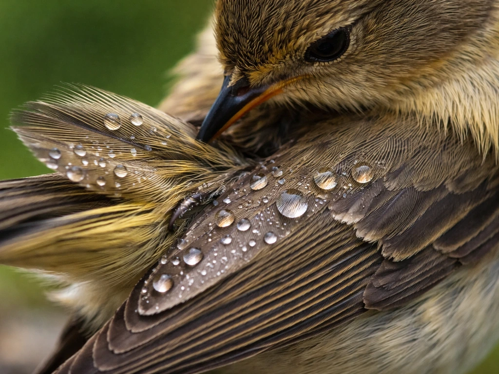 Close-up of a bird preening its feathers as oil-coated plumage repels water beads.